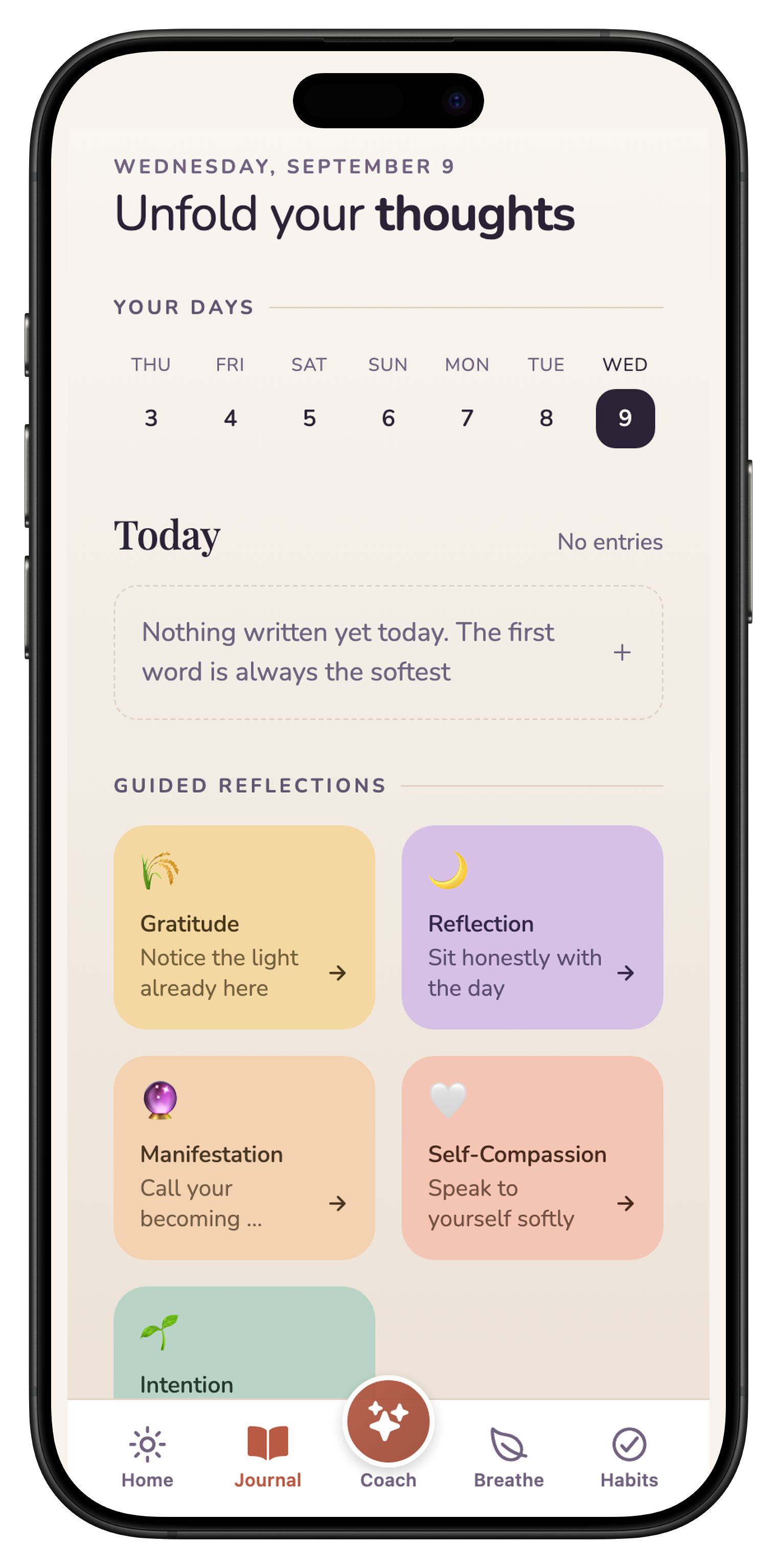 Wellevate journaling and guided reflections screen